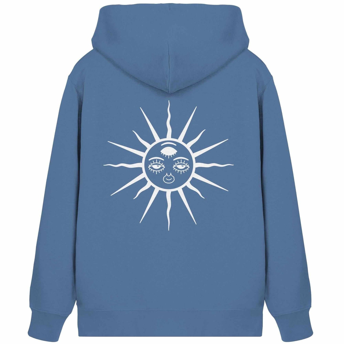 Vegan und Bio Zipper Hoodie mit Sonnenmotiv und Drittem Auge, ideal für Goa Raves, aus Bio-Baumwolle und recyceltem Polyester, Kapuze und Kängurutasche.