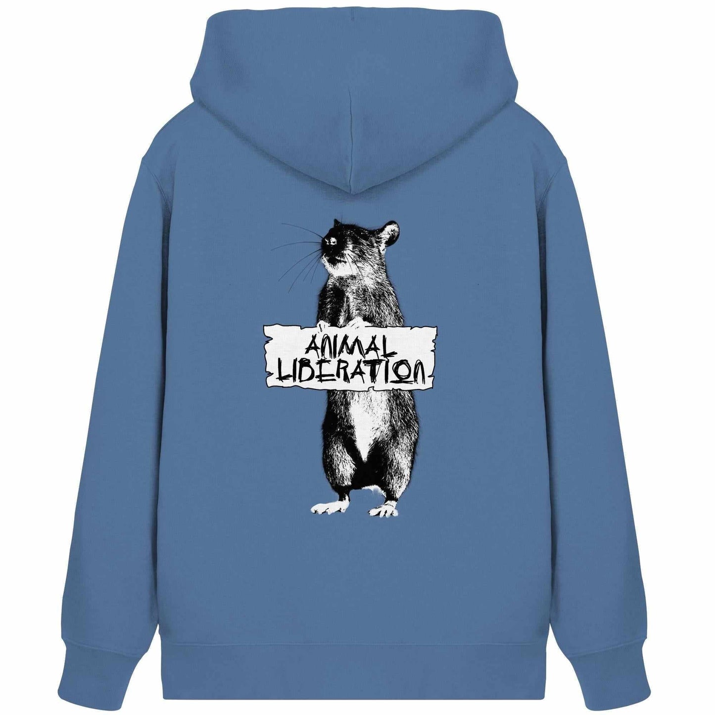Vegan und Bio Zipper Hoodie: Rat for Animal Liberation, zeigt eine digitale Collage mit Mausmotiv, inspiriert von Banksy's Street Art, auf blauem Sweatshirt.