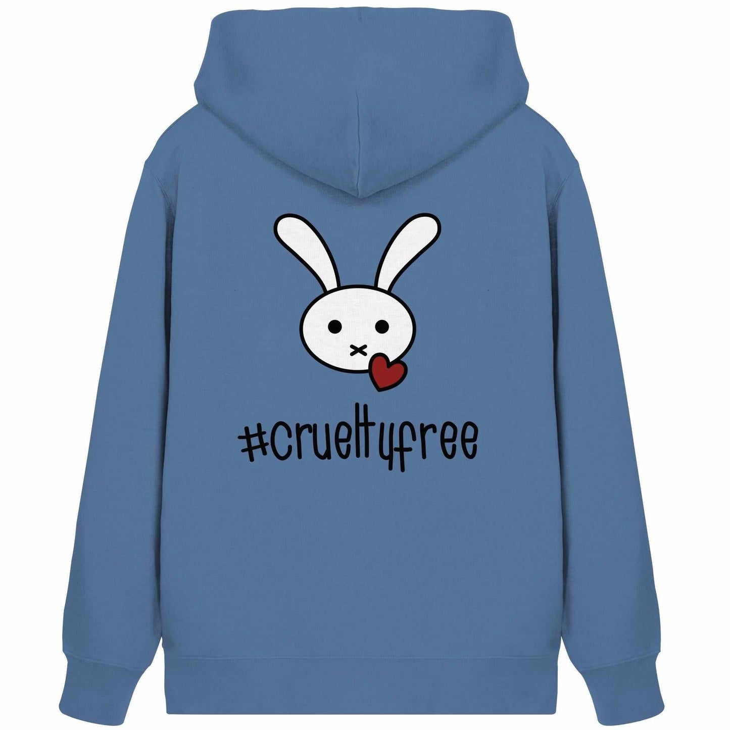 Vegan und Bio Zipper Hoodie mit großem Crueltyfree Bunny-Design, zeigt weißen Cartoon-Hasen auf blauem Hintergrund, mit Kängurutasche und Kapuze aus Bio-Baumwolle.