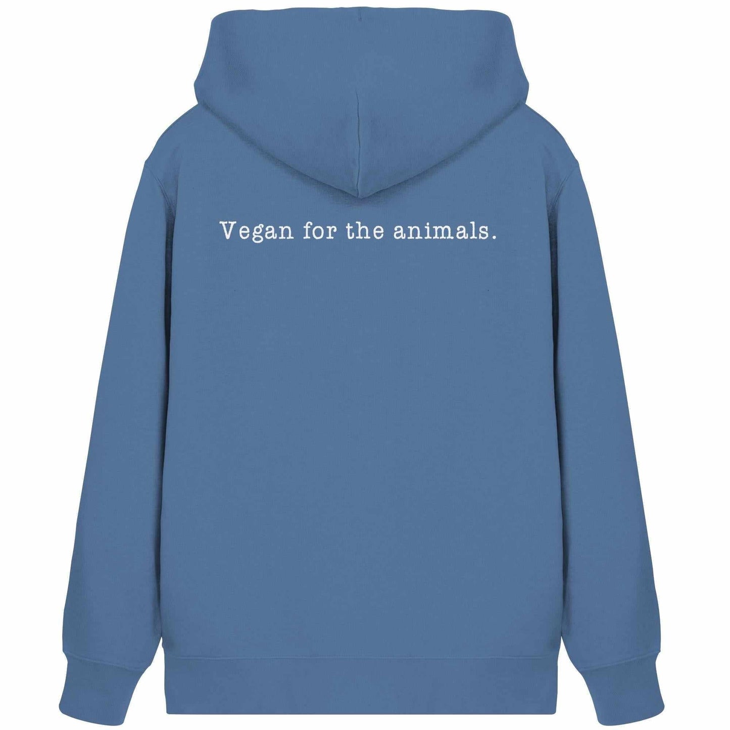 Vegan und Bio Zipper Hoodie: Minimalism Design - Vegan for the animals, blauer Hoodie mit weißem Text, verdeckter Reißverschluss, Kängurutasche, aus Bio-Baumwolle und recyceltem Polyester.