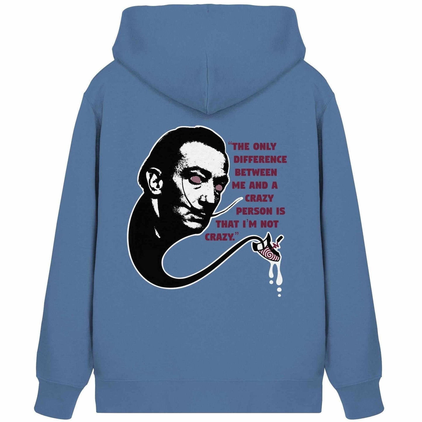 Vegan und Bio Zipper Hoodie: Crazy Dali, mit surrealistischem Gesichtsmotiv, Kapuze und Kängurutasche. Hergestellt aus Bio-Baumwolle und recyceltem Polyester.