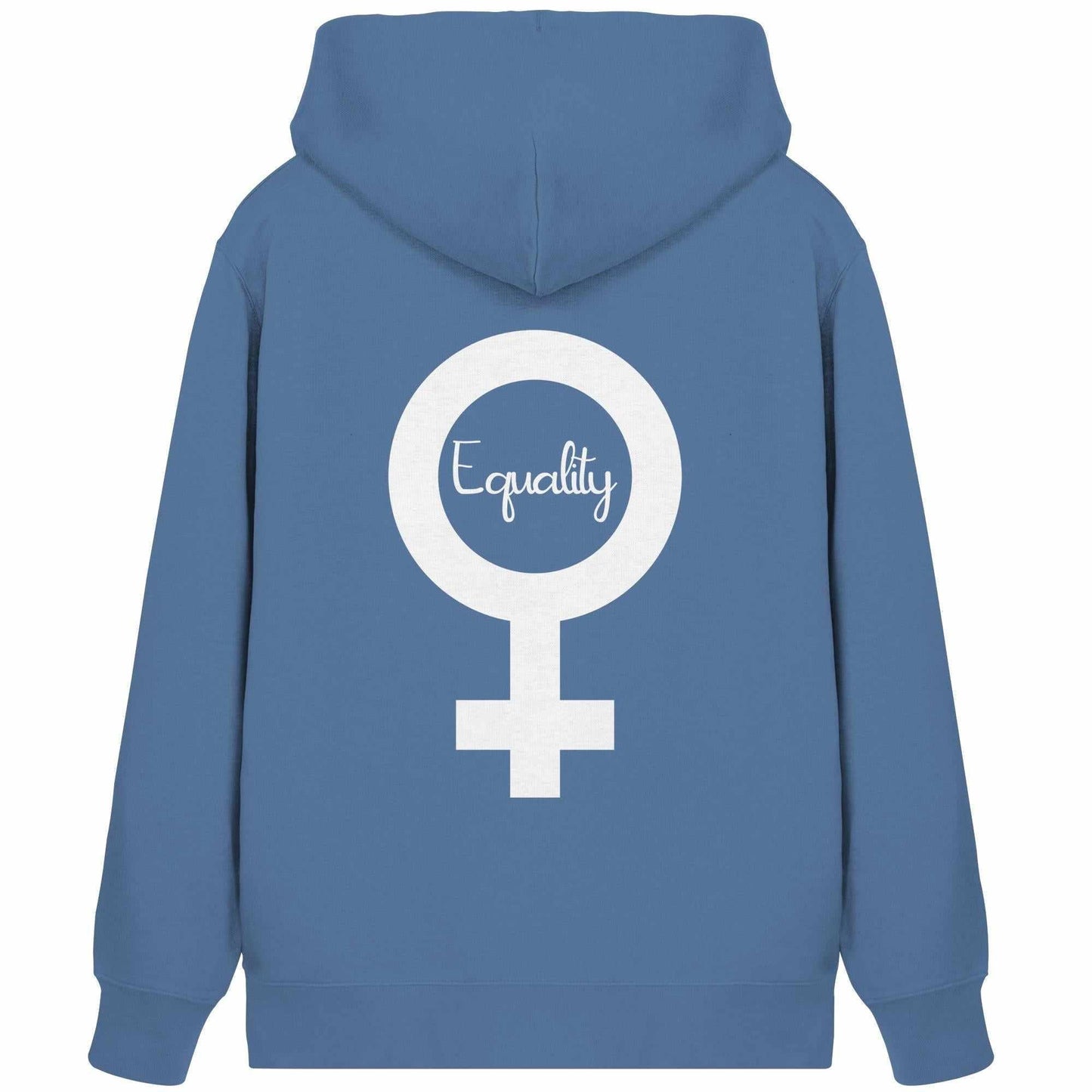 Vegan und Bio Zipper Hoodie mit Feminismus-Symbol, verkörpert Gleichberechtigungskampf. Aus Bio-Baumwolle und recyceltem Polyester, Kapuze, Kängurutasche, verdeckter Reißverschluss.