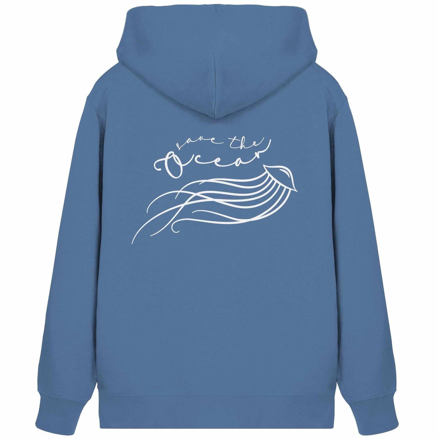 Vegan und Bio Zipper Hoodie mit Quallen-Design und Save the Ocean-Aufruf, ausgestattet mit Kängurutasche und verdecktem Reißverschluss, von RUDE REBEL.