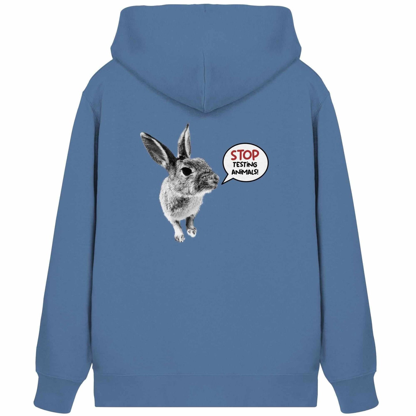 Vegan und Bio Zipper Hoodie mit Häschen und STOP ANIMAL TESTING!-Aufdruck, aus Bio-Baumwolle und recyceltem Polyester, von RUDE REBEL.