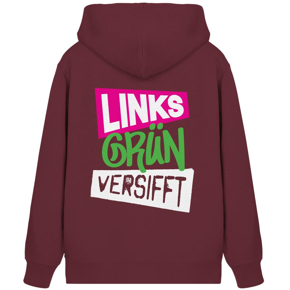 Vegan und Bio Zipper Hoodie: Wir sind Links Grün versifft!, roter Hoodie mit Kapuze und weißem Text, nachhaltige Materialmischung, Kängurutasche, verdeckter Reißverschluss.