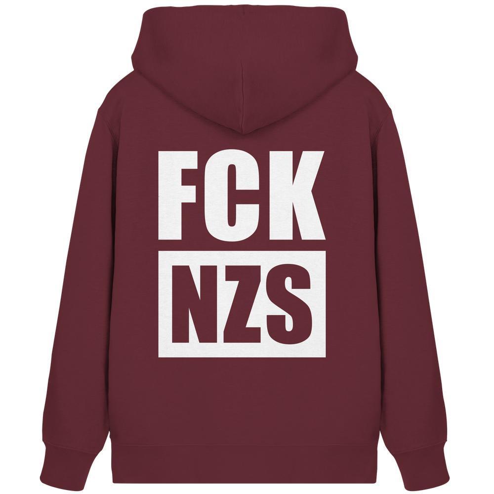 Burgunderfarbener Zipper-Hoodie mit Kapuze und Frontdruck „FCK NZS“