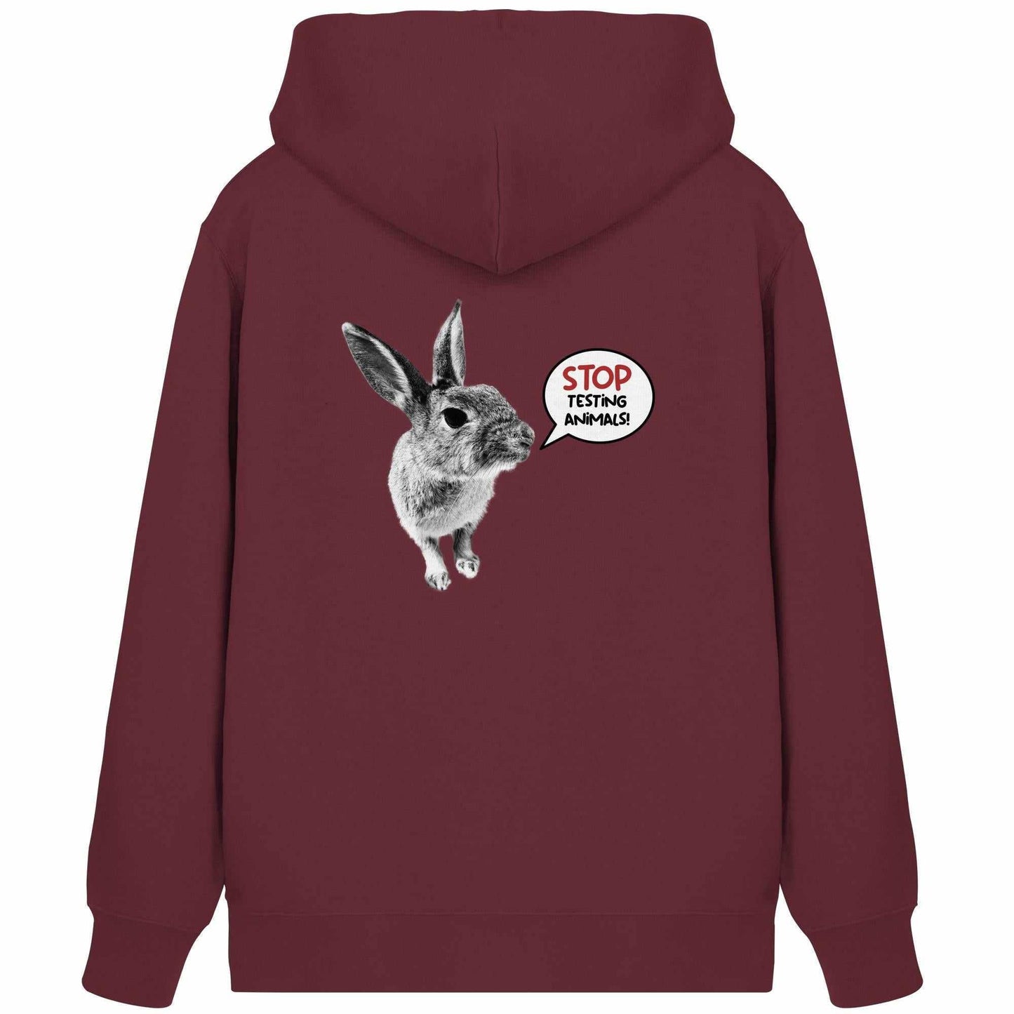 Vegan und Bio Zipper Hoodie mit Häschen und Botschaft Stop Animal Testing!, Kapuze, Kängurutasche, ideal für tierfreundliche Mode von RUDE REBEL.