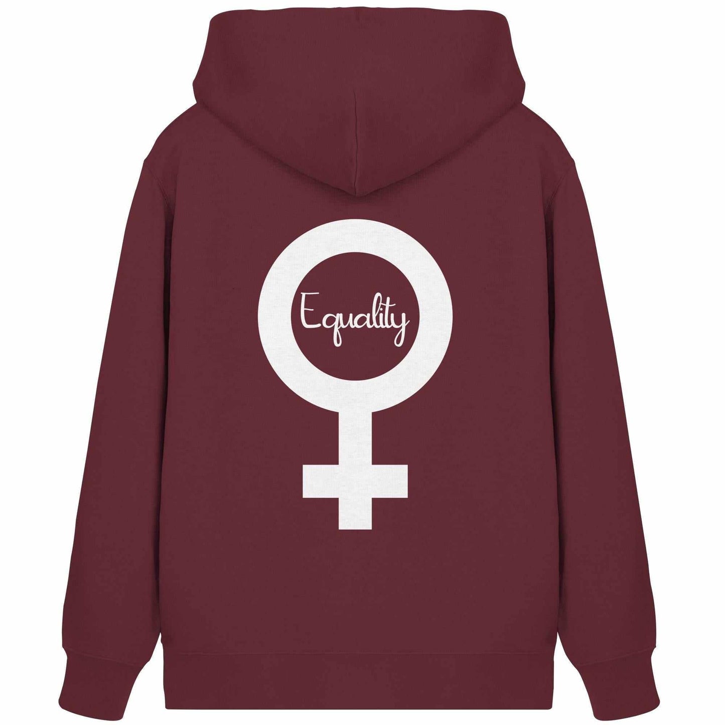 Vegan und Bio Zipper Hoodie: Feminismus - Der Kampf um Gleichberechtigung, roter Hoodie mit weißem Symbol, symbolisiert Gleichberechtigung und Nachhaltigkeit, ideal für rebellische Statements.