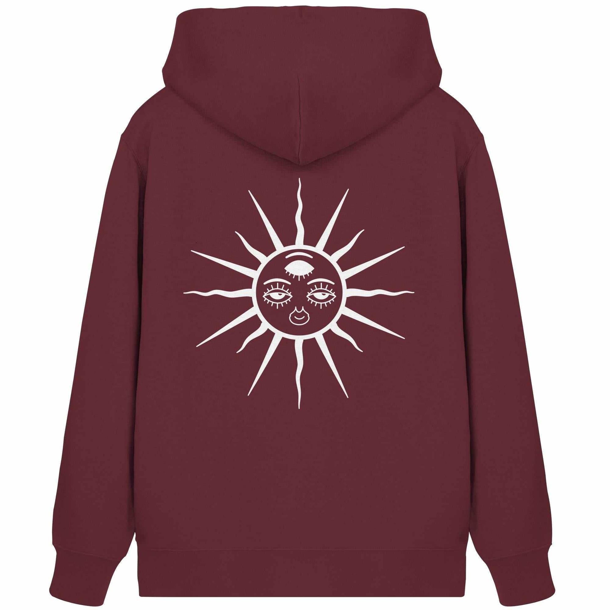 Vegan und Bio Zipper Hoodie: The Sun - Third Eye Awakening mit Sonnen- und Mondmotiv, Kapuze, Kängurutasche und verdecktem Reißverschluss. Hergestellt aus Bio-Baumwolle und recyceltem Polyester.