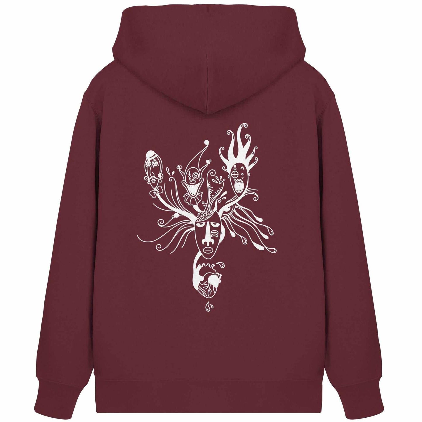 Vegan und Bio Zipper Hoodie mit weißem Gesichtsmotiv, das mentale Facetten thematisiert, aus Bio-Baumwolle und recyceltem Polyester, von RUDE REBEL.