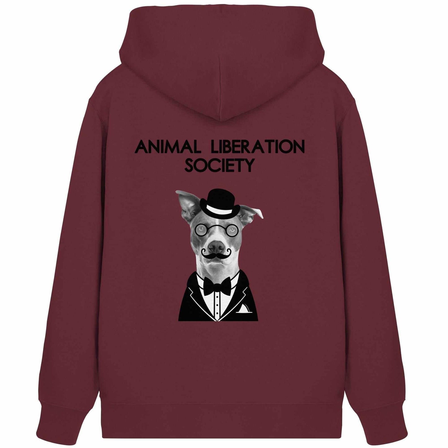 Vegan und Bio Zipper Hoodie: Mr. Dog - Animal Liberation Society, zeigt Hund mit Brille, Schnurrbart und Hut. Kapuze, Kängurutasche, aus Bio-Baumwolle und recyceltem Polyester.