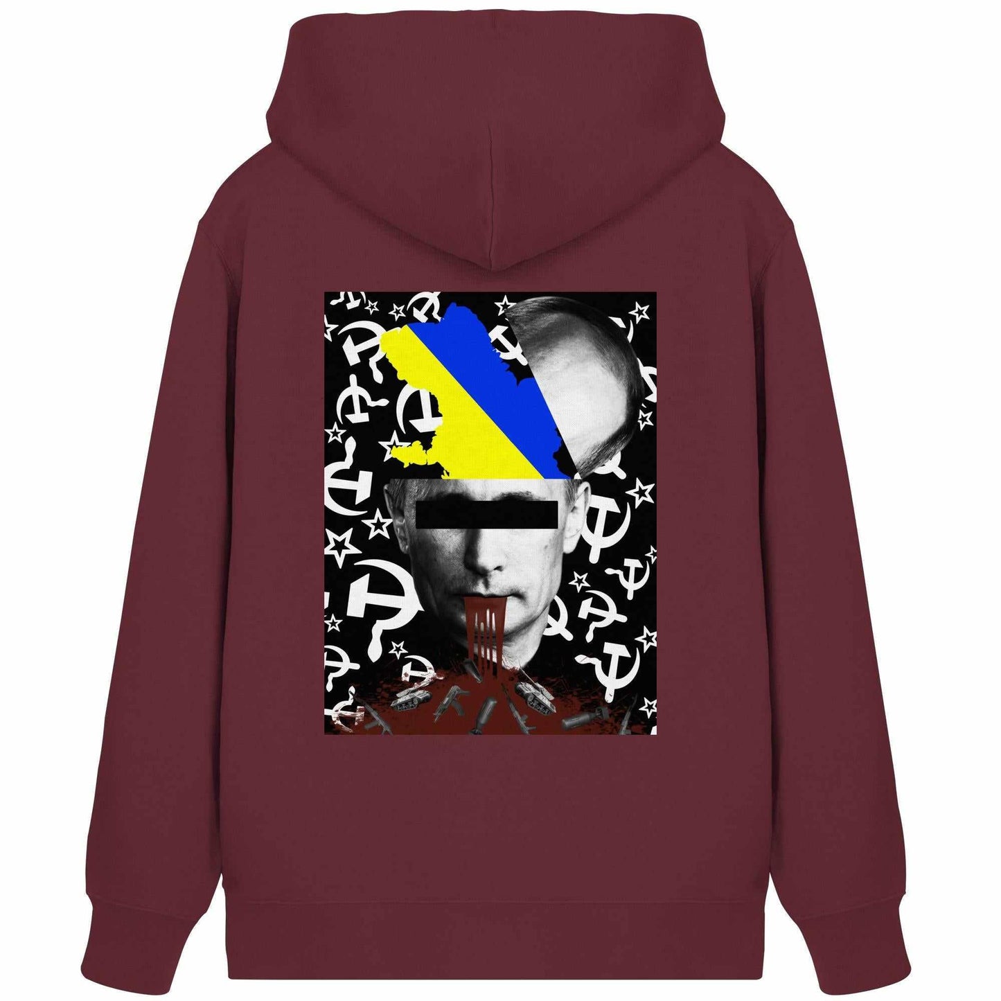 Vegan und Bio Zipper Hoodie mit STOP WAR IN UKRAINE!-Design, zeigt ein Gesicht mit schwarzem Streifen, symbolisch gegen Kriege, aus Bio-Baumwolle und recyceltem Polyester.