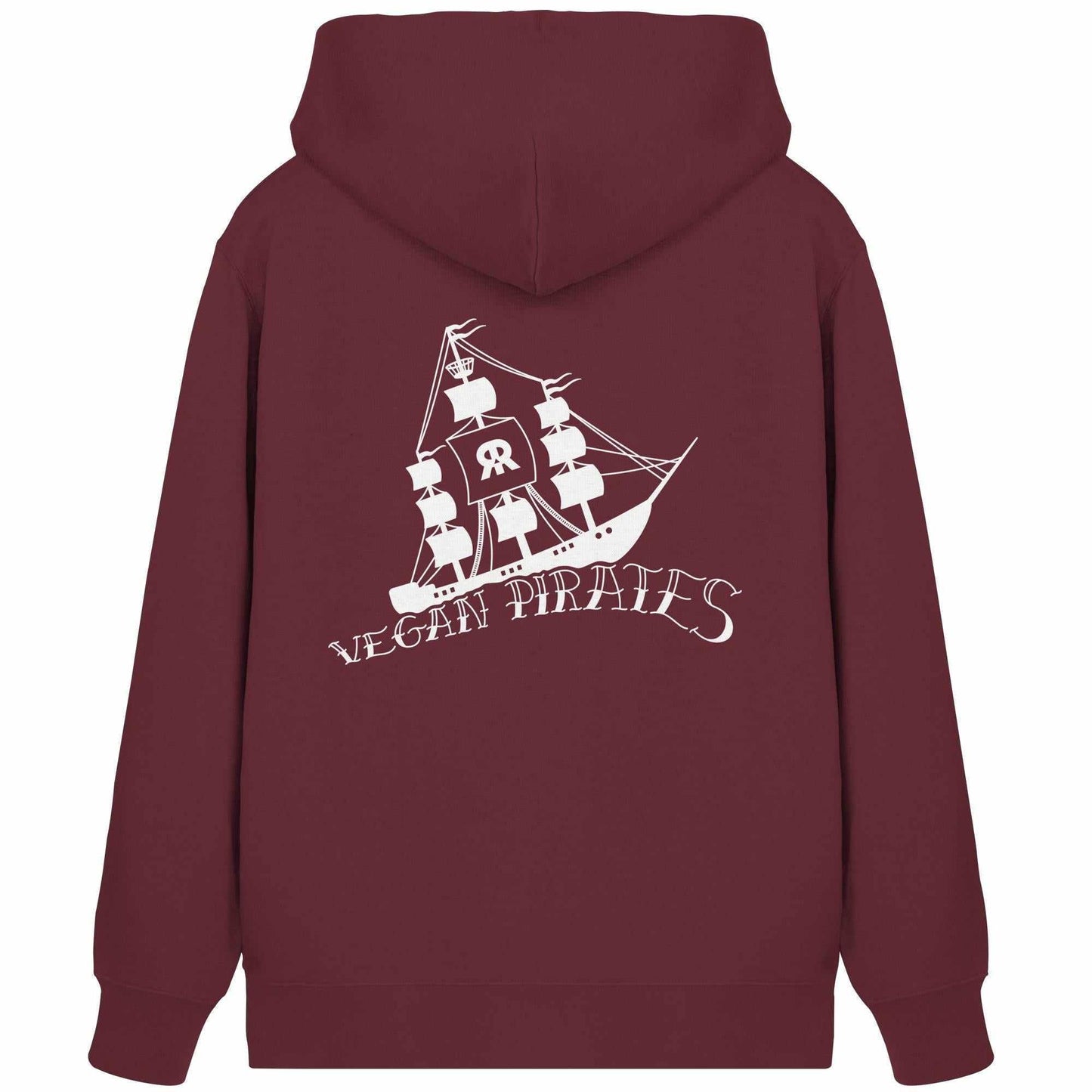 Vegan und Bio Zipper Hoodie: Vegan Pirates, roter Hoodie mit Piratenschiff-Motiv, aus Bio-Baumwolle und recyceltem Polyester, mit Kapuze und Kängurutasche.
