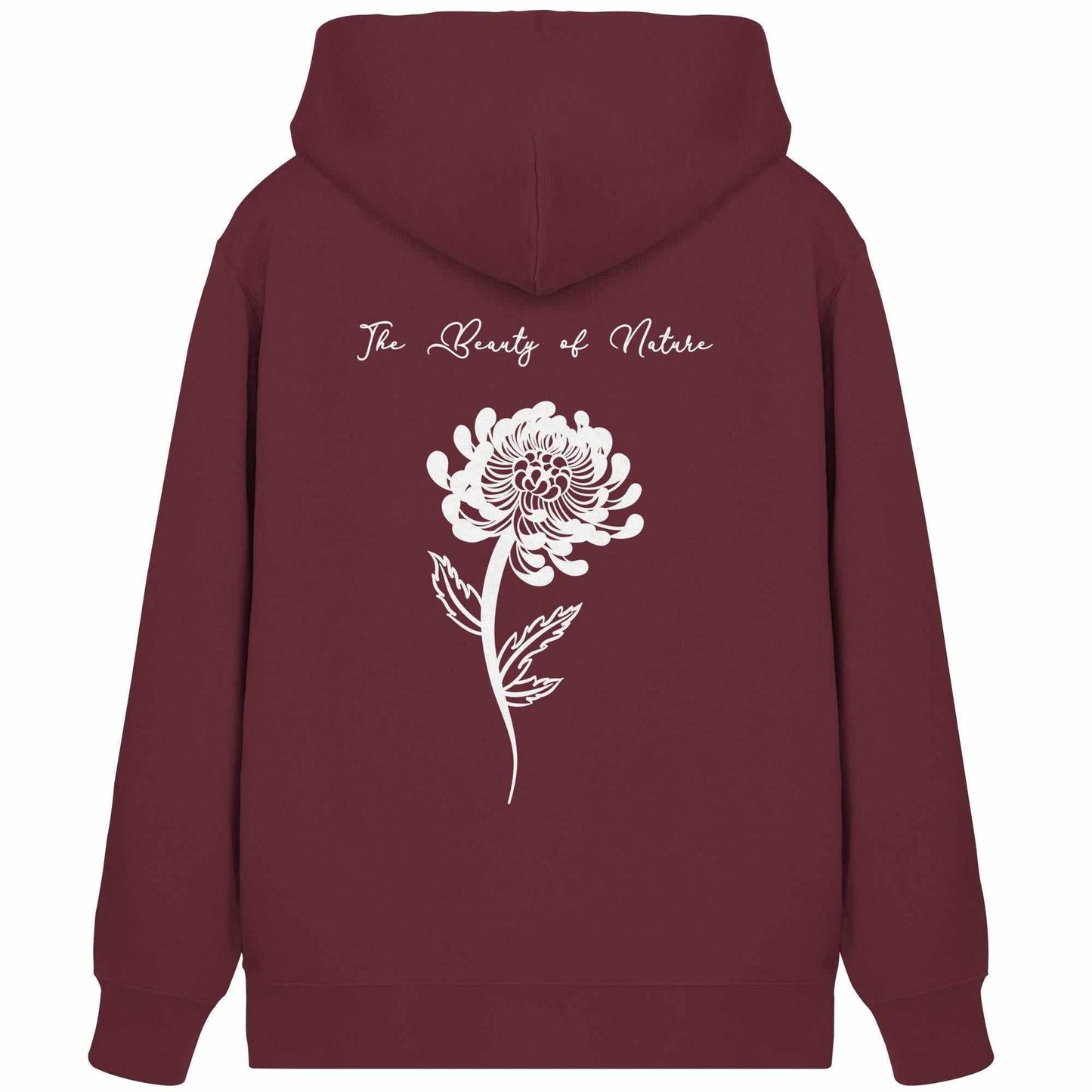 Vegan und Bio Zipper Hoodie: Chrysantheme - The Beauty of Nature mit weißer Blume auf rotem Hintergrund, ideal für Naturschutzliebhaber.