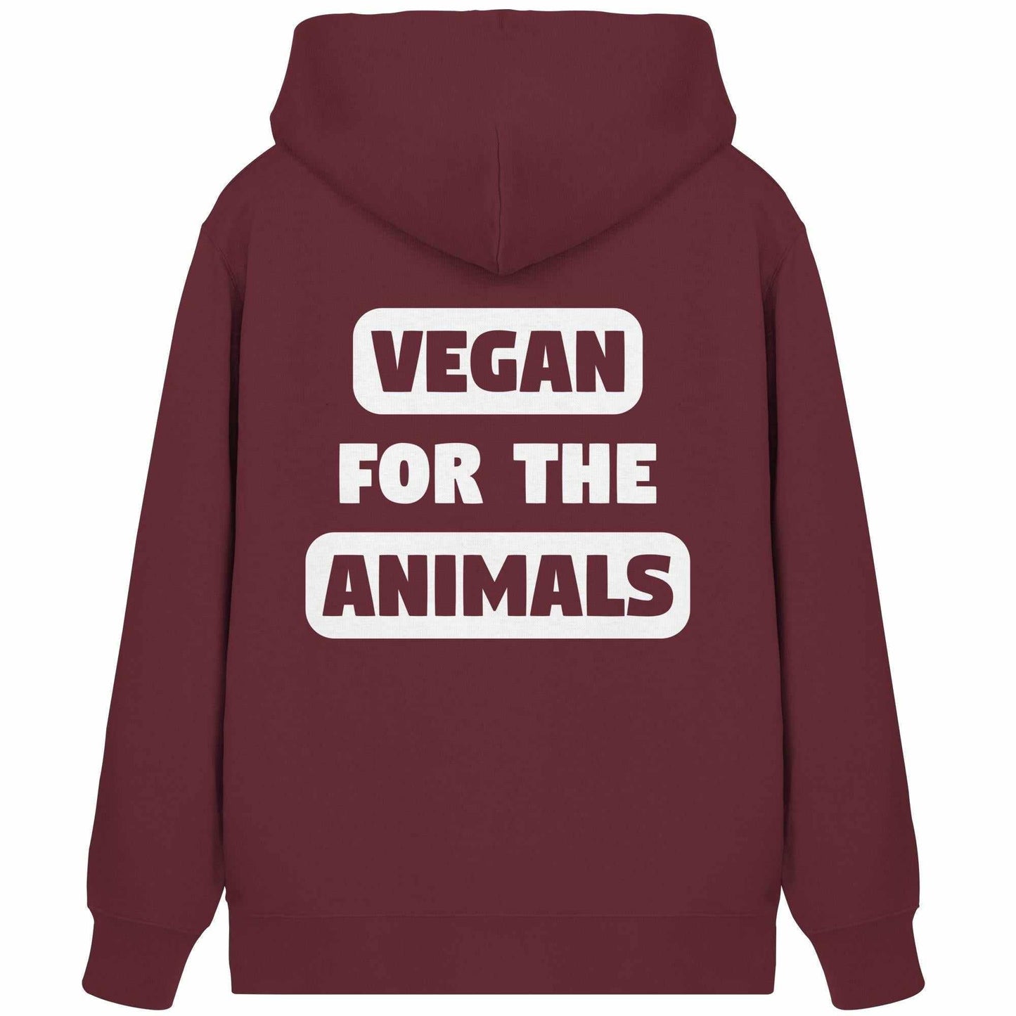 Vegan und Bio Zipper Hoodie: VEGAN FOR THE ANIMALS, roter Hoodie mit weißem Text, aus Bio-Baumwolle und recyceltem Polyester, mit Kapuze und Kängurutasche.