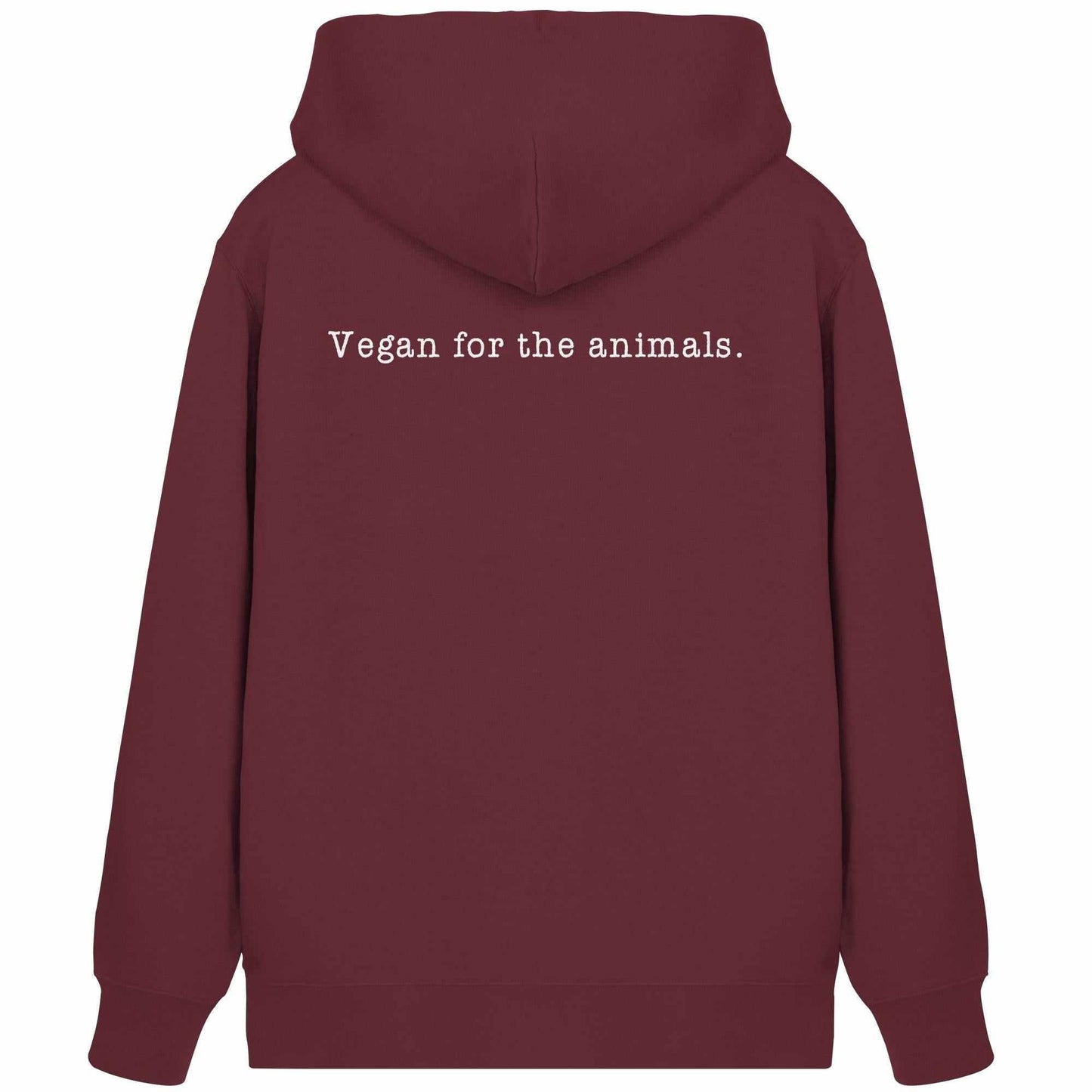 Vegan und Bio Zipper Hoodie mit minimalistischem Design, zeigt eine Kapuze und Kängurutasche, aus Bio-Baumwolle und recyceltem Polyester.
