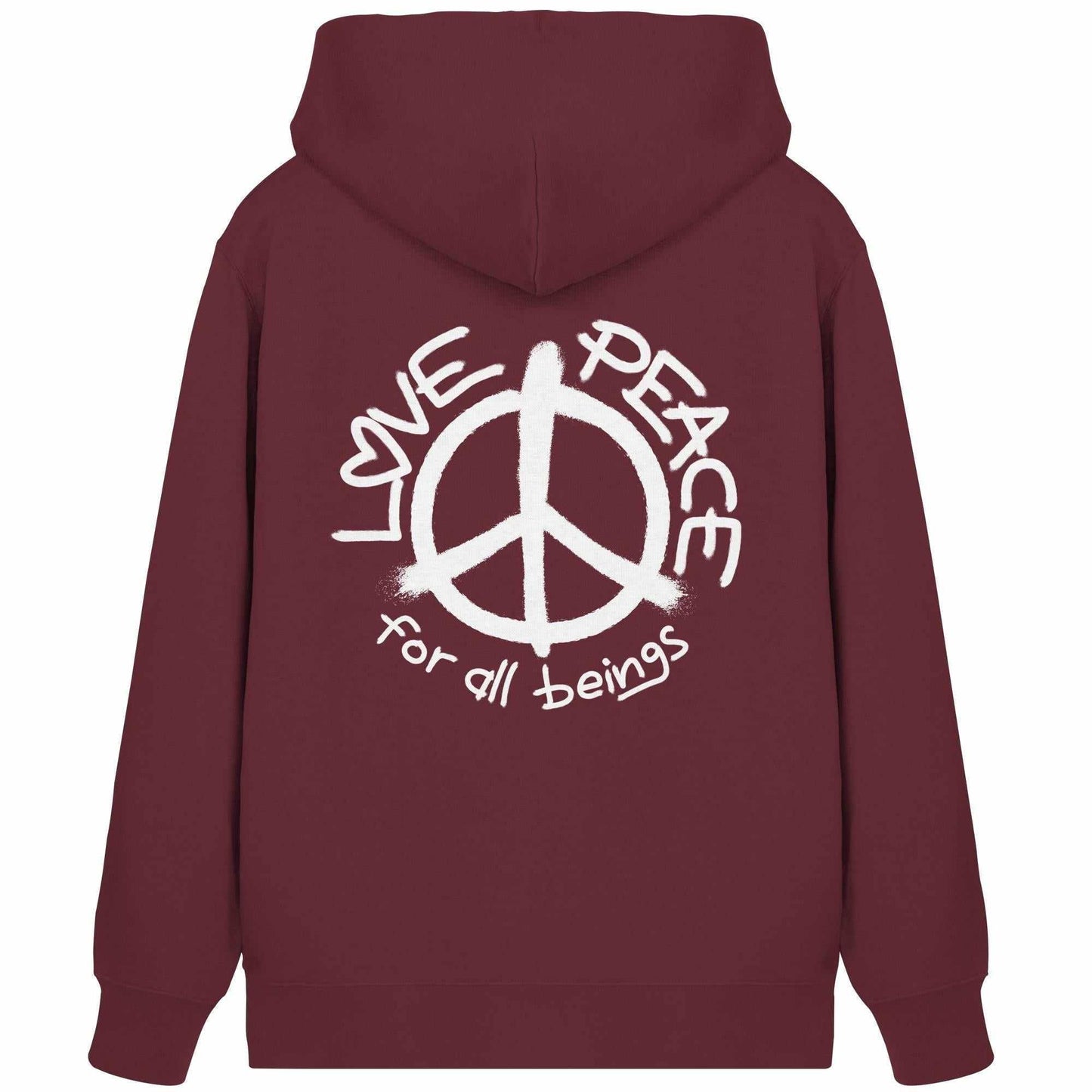 Vegan und Bio Zipper Hoodie: LOVE and PEACE für alle Wesen mit Friedenszeichen, aus Biobaumwolle und recyceltem Polyester, Kapuze, Kängurutasche, ideal für nachhaltige Mode.