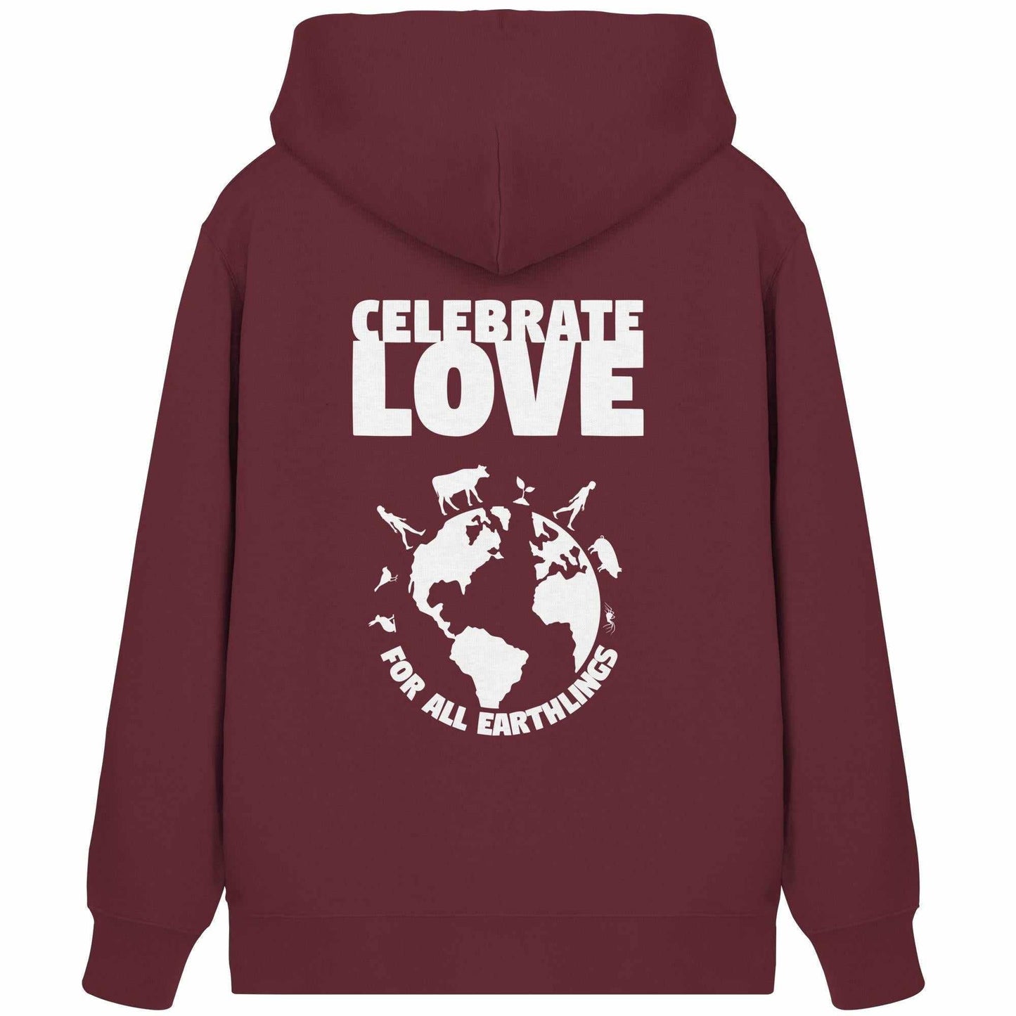 Vegan und Bio Zipper Hoodie: Celebrate Love For All Earthlings, roter Hoodie mit weißem Schriftzug und Logo, Kängurutasche, Kapuze, nachhaltige Materialien, rebellisches Design von RUDE REBEL.