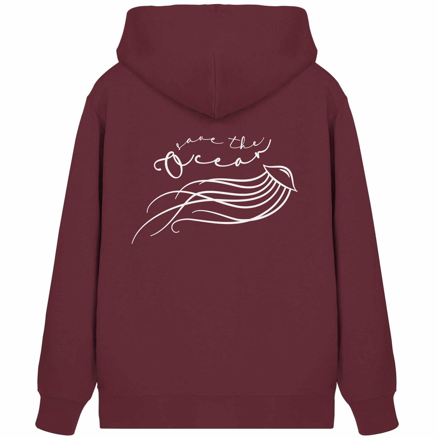Vegan und Bio Zipper Hoodie: Jellyfish - Save the Ocean, roter Hoodie mit weißem Quallenmuster und Kapuze, nachhaltiges Design aus Bio-Baumwolle und recyceltem Polyester.