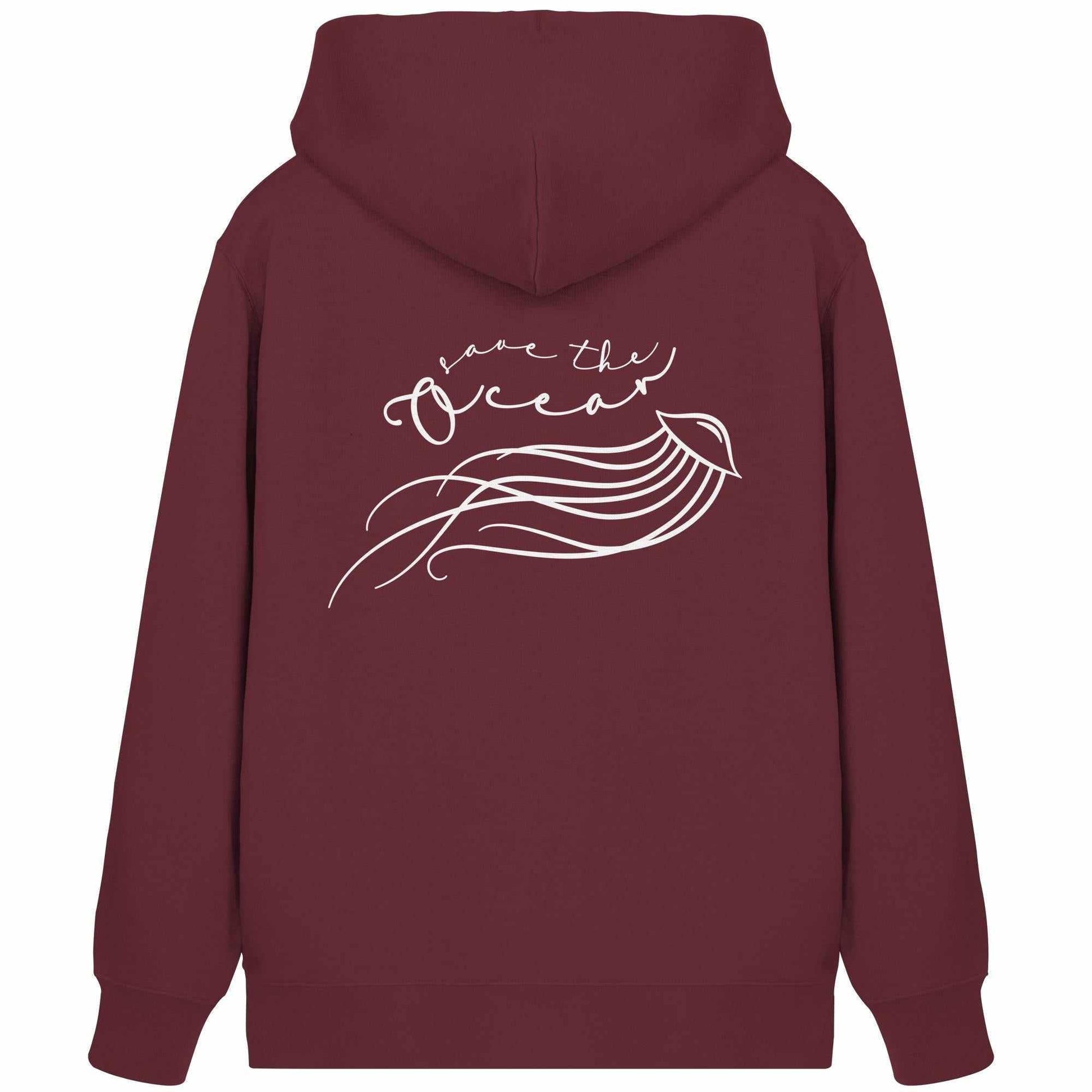 Vegan und Bio Zipper Hoodie: Jellyfish - Save the Ocean, roter Hoodie mit weißem Quallenmuster und Kapuze, nachhaltiges Design aus Bio-Baumwolle und recyceltem Polyester.