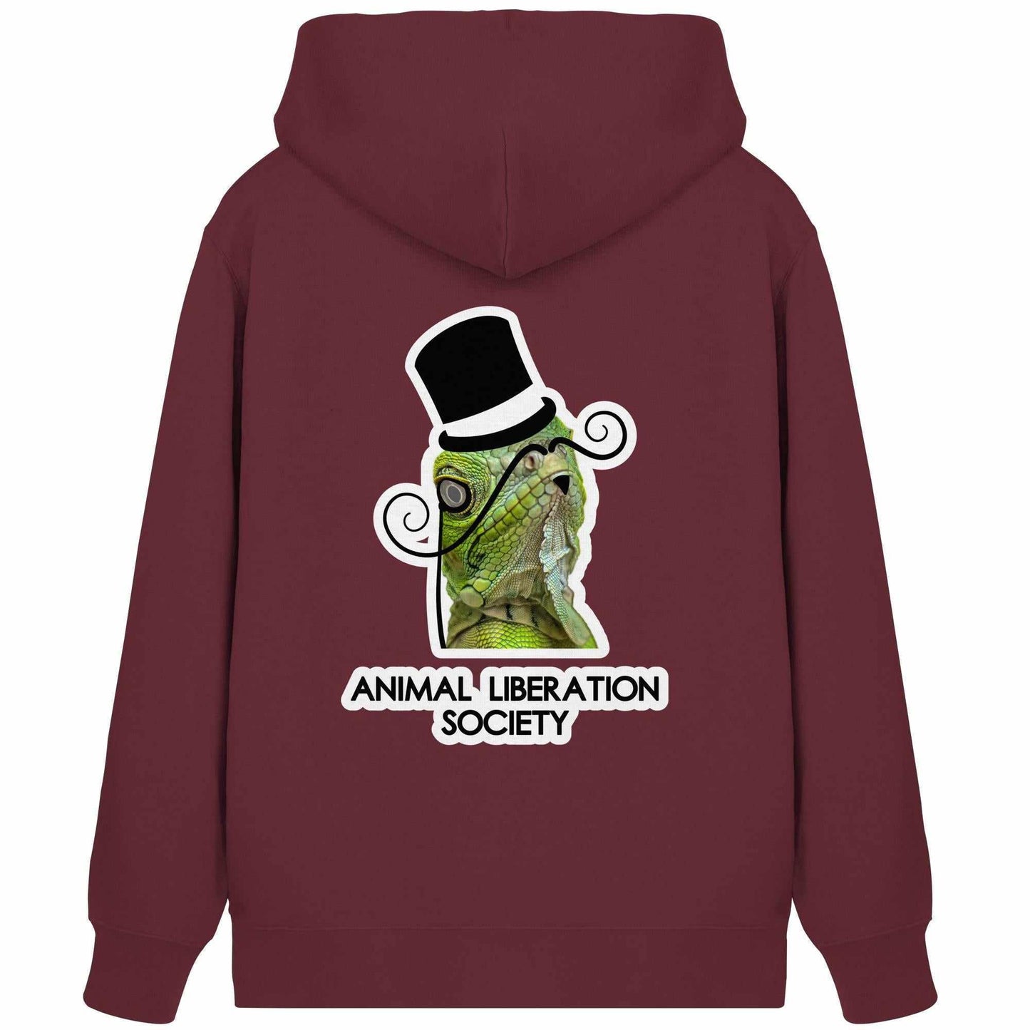 Vegan und Bio Zipper Hoodie: Sir Reptile - Animal Liberation Society, zeigt einen eleganten Lizard mit Zylinder, repräsentiert Tierrechte und nachhaltige Mode von RUDE REBEL.