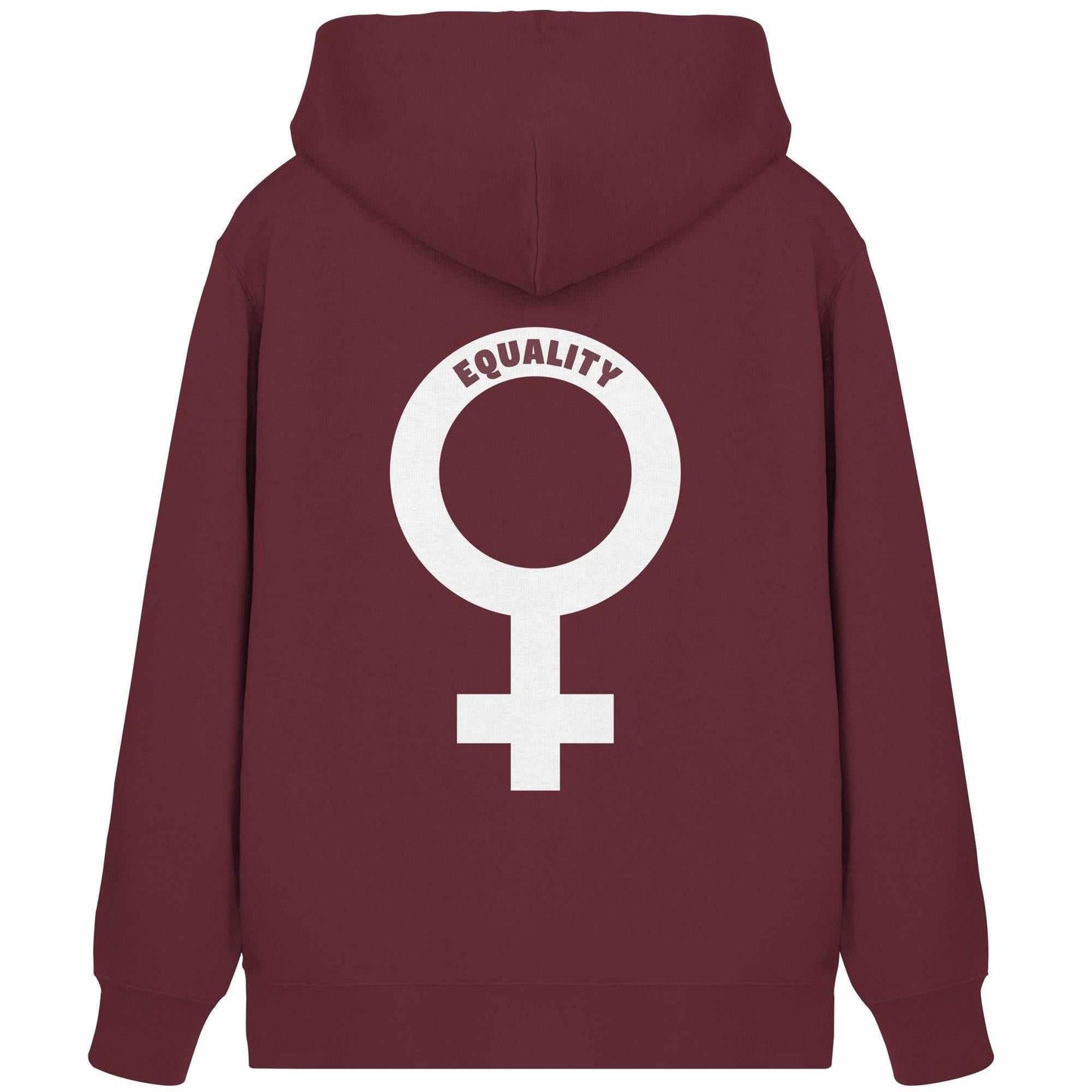 Vegan und Bio Zipper Hoodie mit Venussymbol, roter Hoodie mit weißem Symbol, hergestellt aus Bio-Baumwolle und recyceltem Polyester, Kapuze und Kängurutasche.