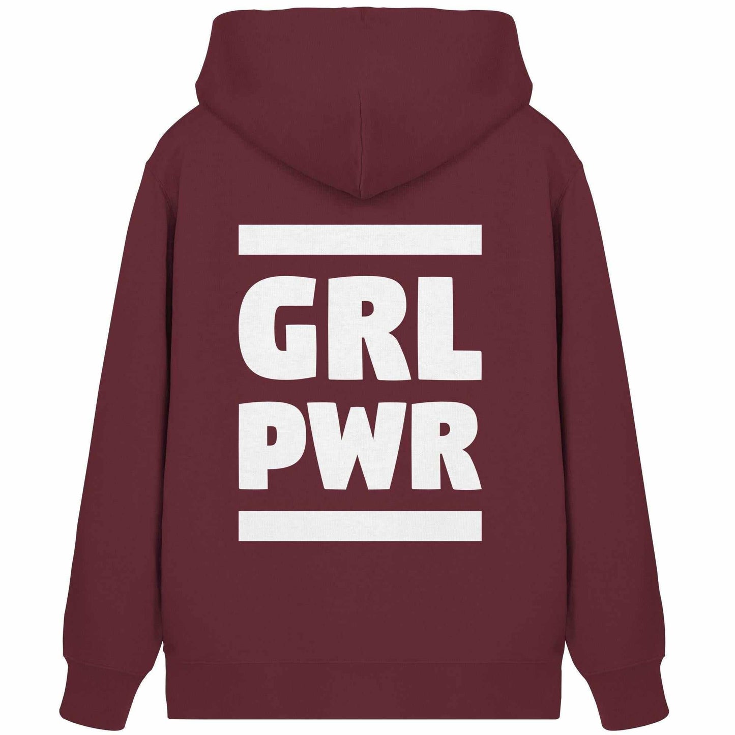 Vegan und Bio Zipper Hoodie: GIRL POWER mit feministischer Botschaft, roter Kapuzenpulli mit weißem Text, Kängurutasche, normaler Schnitt, nachhaltige Materialien.