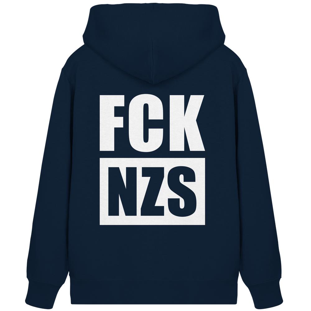 Vegan und Bio Zipper Hoodie: FCK NZS auf der Rückseite, dunkelblau mit Kapuze, nachhaltiges Design von RUDE REBEL, aus Bio-Baumwolle und recyceltem Polyester.
