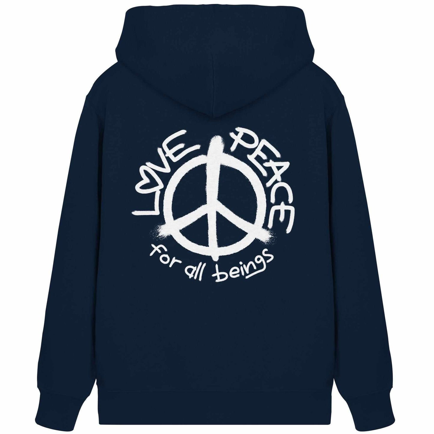 Vegan und Bio Zipper Hoodie mit Peace-Symbol und LOVE and PEACE-Schriftzug, lockeres Hippie-Design mit Kapuze und Kängurutasche.