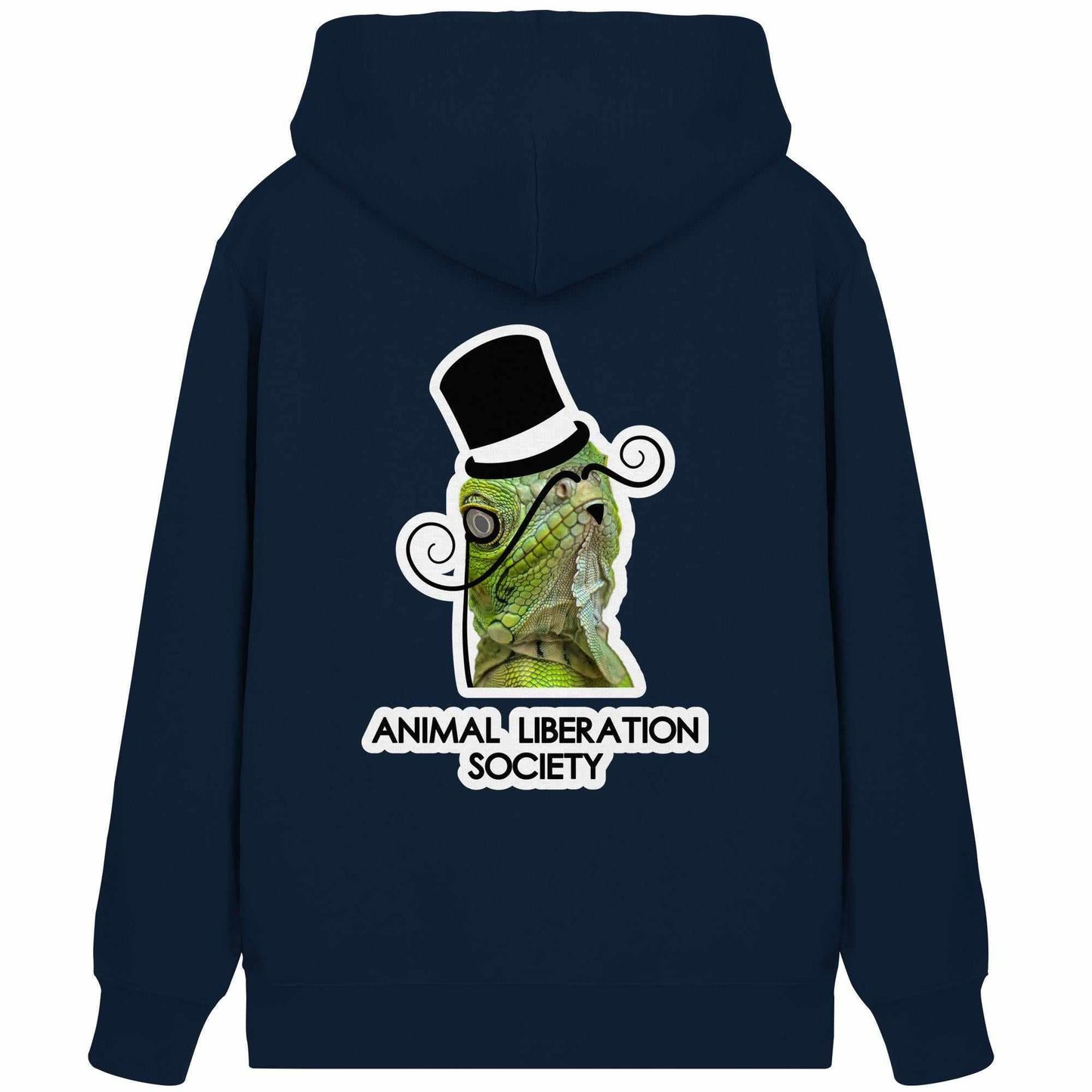 Vegan und Bio Zipper Hoodie: Sir Reptile - Animal Liberation Society, zeigt einen eleganten Lizard mit Zylinder und Schnurrbart, inspiriert von Tierrechten und nachhaltigem Design.