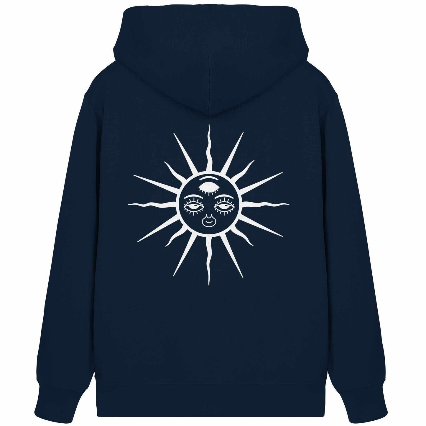 Vegan und Bio Zipper Hoodie: The Sun - Third Eye Awakening mit weißem Sonnendesign und Gesicht, ideal für nachhaltige Mode bei RUDE REBEL.