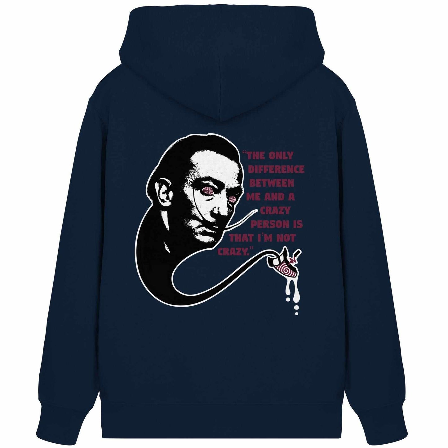 Vegan und Bio Zipper Hoodie: Crazy Dali, blauer Hoodie mit surrealem Druck eines Mannes mit roten Spiralaugen, Kängurutasche, Kapuze, aus Bio-Baumwolle und recyceltem Polyester.