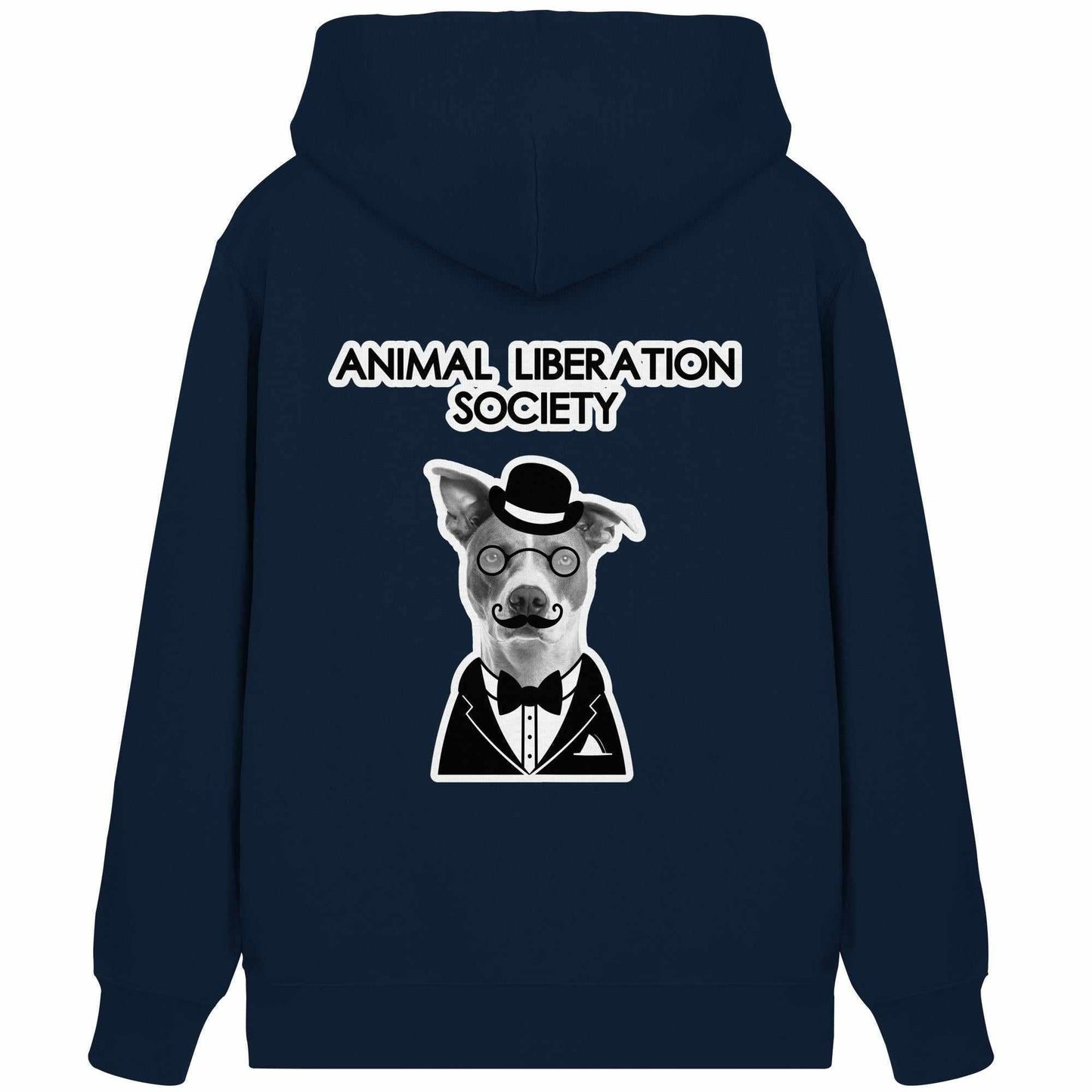 Vegan und Bio Zipper Hoodie: Mr. Dog - Animal Liberation Society mit Hundemotiv und Brille, Kapuze, Kängurutasche, aus Bio-Baumwolle und recyceltem Polyester.