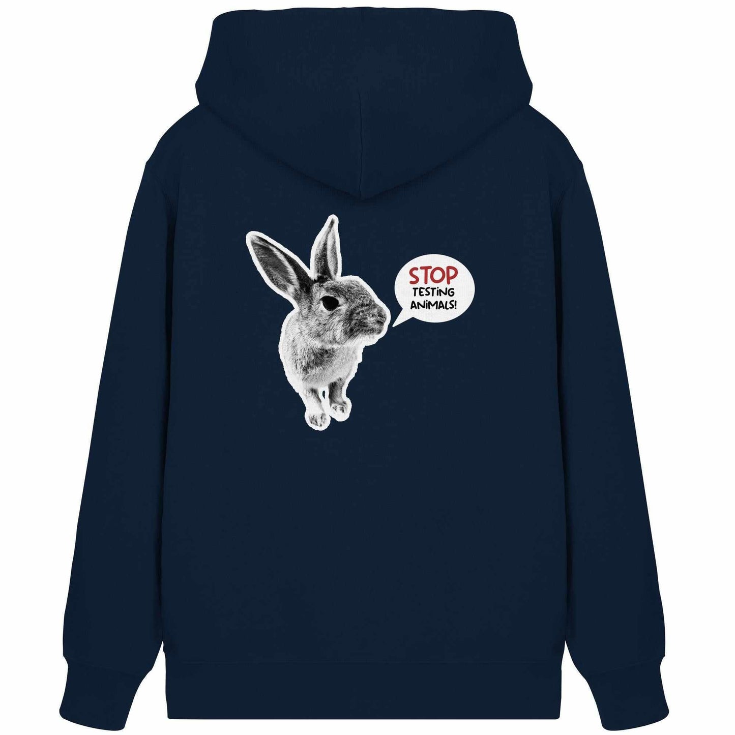 Vegan und Bio Zipper Hoodie mit schwarz-weißem Häschen und Slogan STOP ANIMAL TESTING! auf der Vorderseite, Kängurutasche, Kapuze, nachhaltige Materialien.