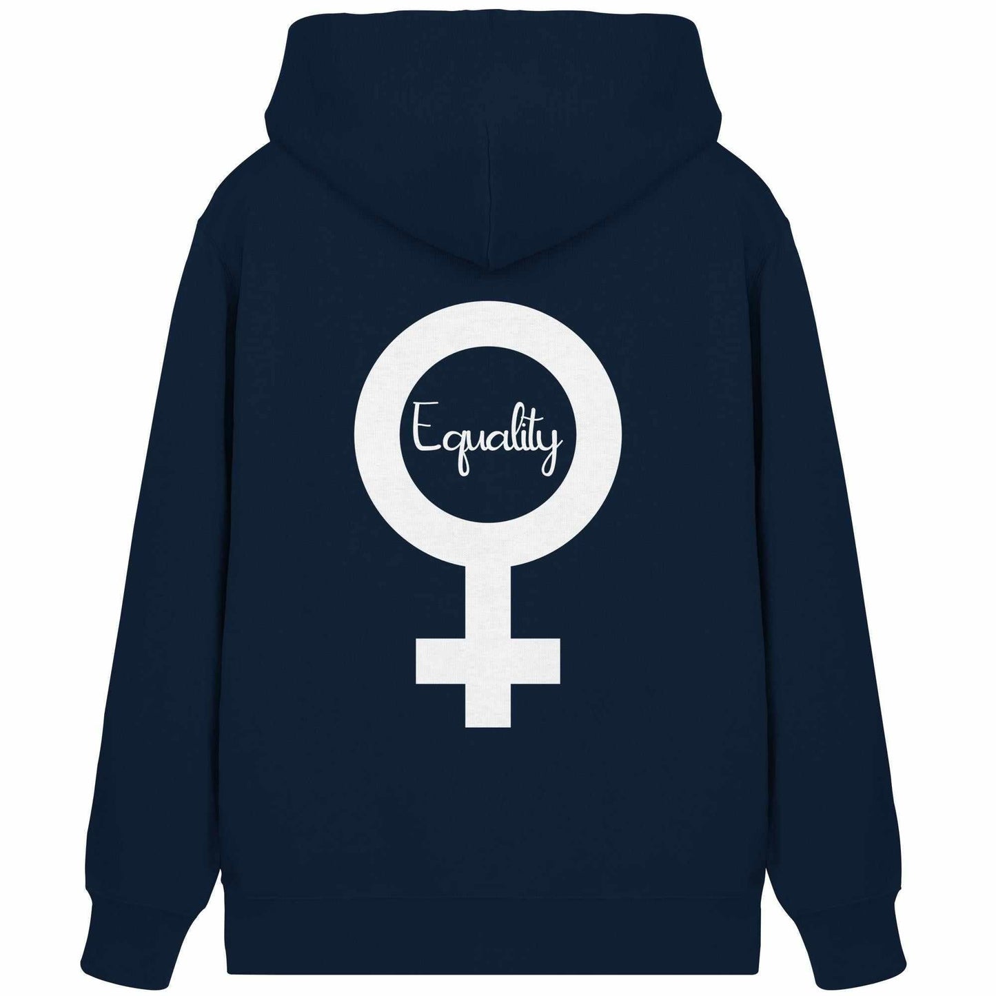 Vegan und Bio Zipper Hoodie: Feminismus - Der Kampf um Gleichberechtigung, blauer Hoodie mit symbolischem weißen Aufdruck, Kapuze, Reißverschluss und Kängurutasche.