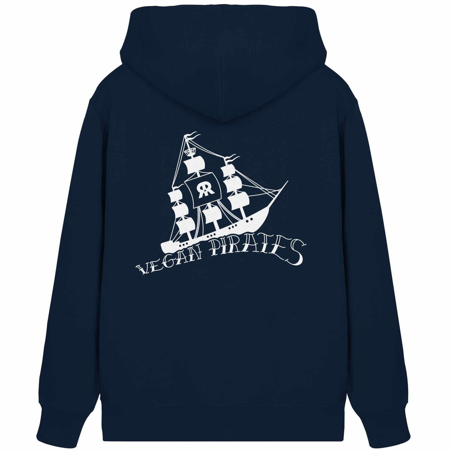 Vegan und Bio Zipper Hoodie: Vegan Pirates mit weißem Piratenschiff-Logo; aus Bio-Baumwolle und recyceltem Polyester, normaler Schnitt, Kapuze, Kängurutasche, verdeckter Reißverschluss.