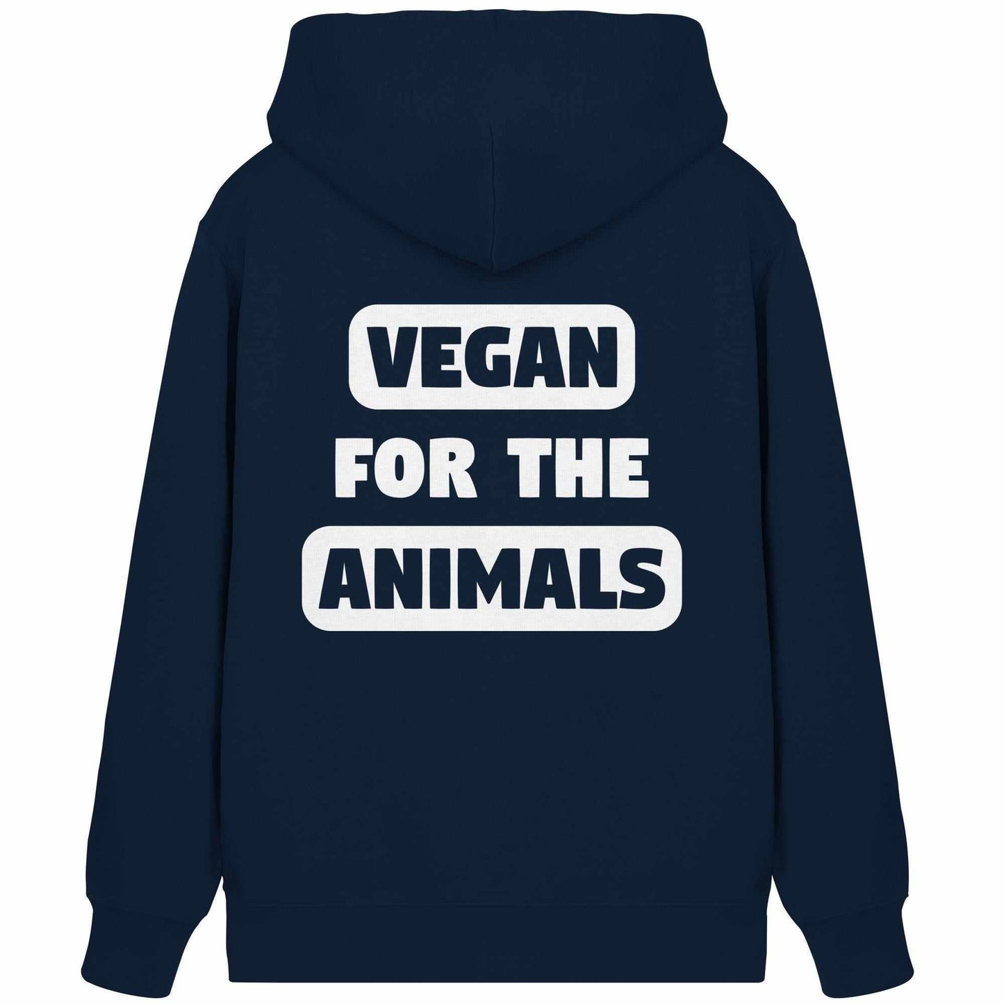 Vegan und Bio Zipper Hoodie: VEGAN FOR THE ANIMALS, blauer Hoodie mit weißem Text, Kängurutasche, verdecktem Reißverschluss und Kapuze aus Bio-Baumwolle und recyceltem Polyester.