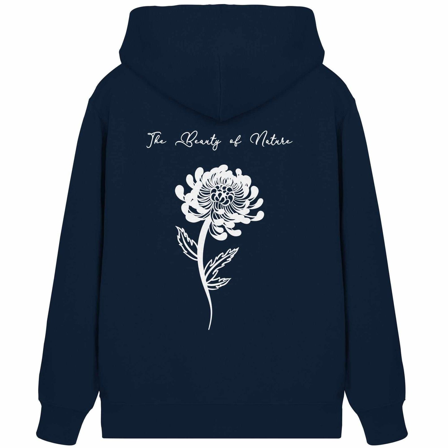 Vegan und Bio Zipper Hoodie: Chrysantheme - The Beauty of Nature, zeigt ein weißes Blütenmotiv auf blauem Hoodie, symbolisiert Naturschutz und nachhaltigen Stil.