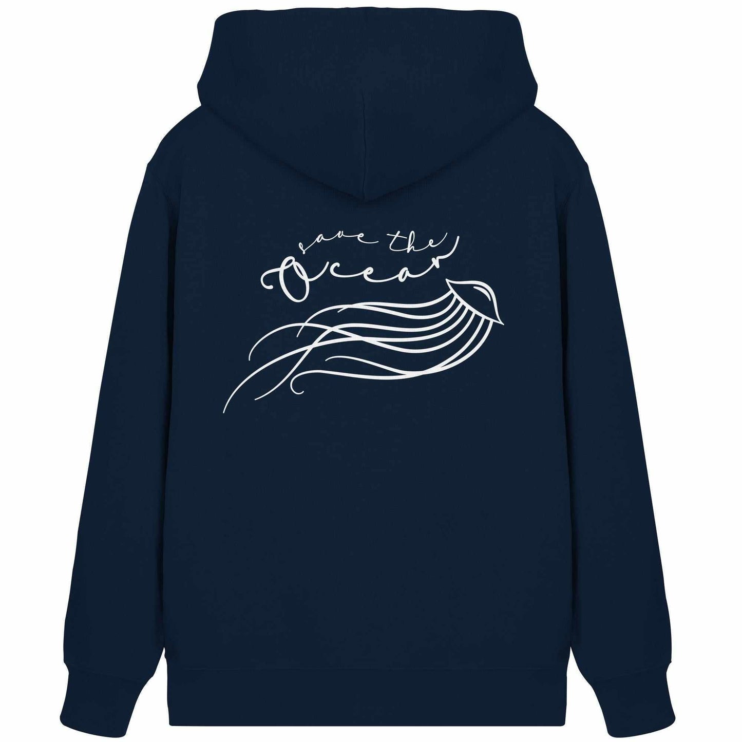 Vegan und Bio Zipper Hoodie: Jellyfish - Save the Ocean mit filigranem Quallendesign und Kapuze, aus Bio-Baumwolle und recyceltem Polyester, Vorderreißverschluss und Kängurutasche.