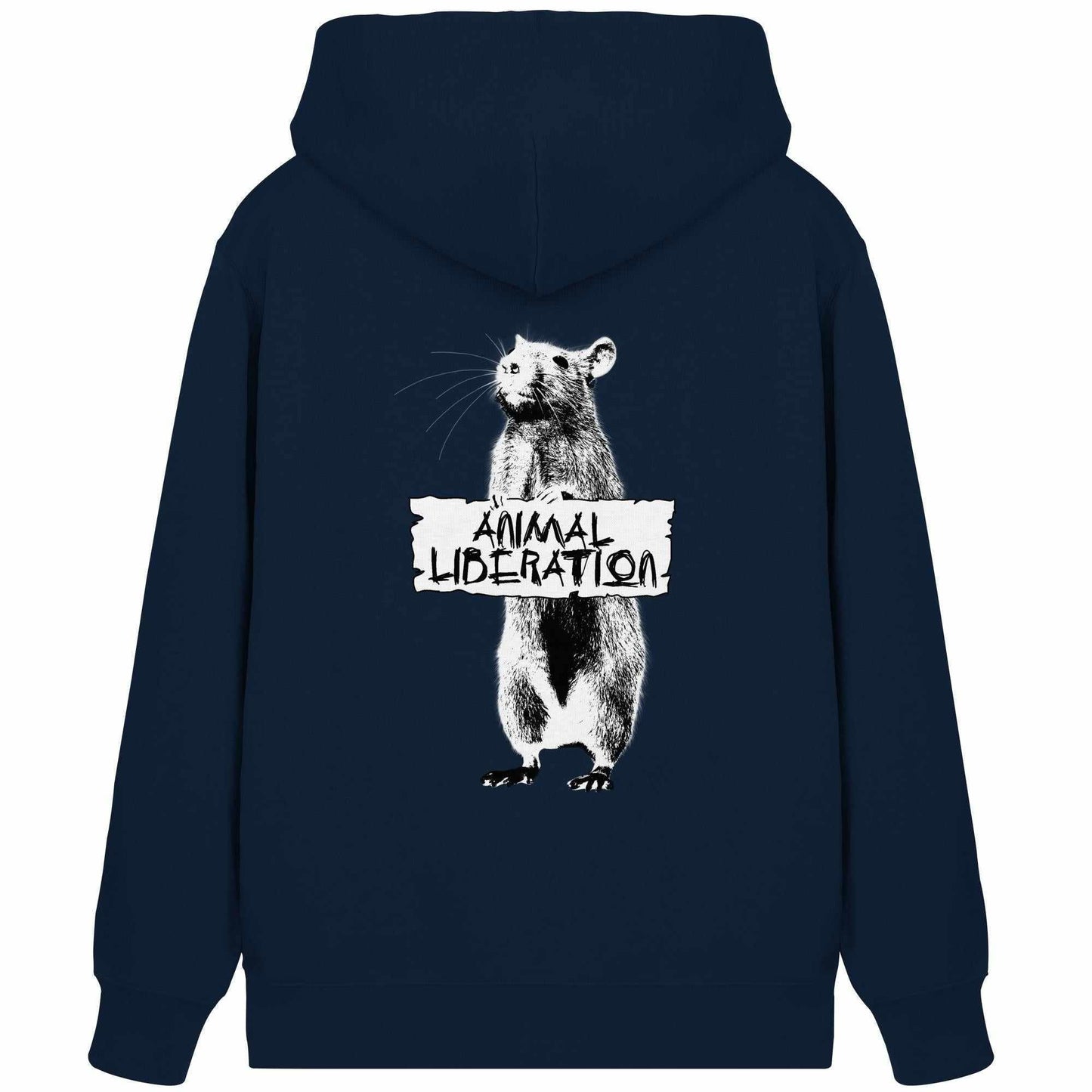 Vegan und Bio Zipper Hoodie: Rat for Animal Liberation mit Bärendesign, inspiriert von Banksy's Street Art, aus Bio-Baumwolle und recyceltem Polyester, normaler Schnitt, Kängurutasche.