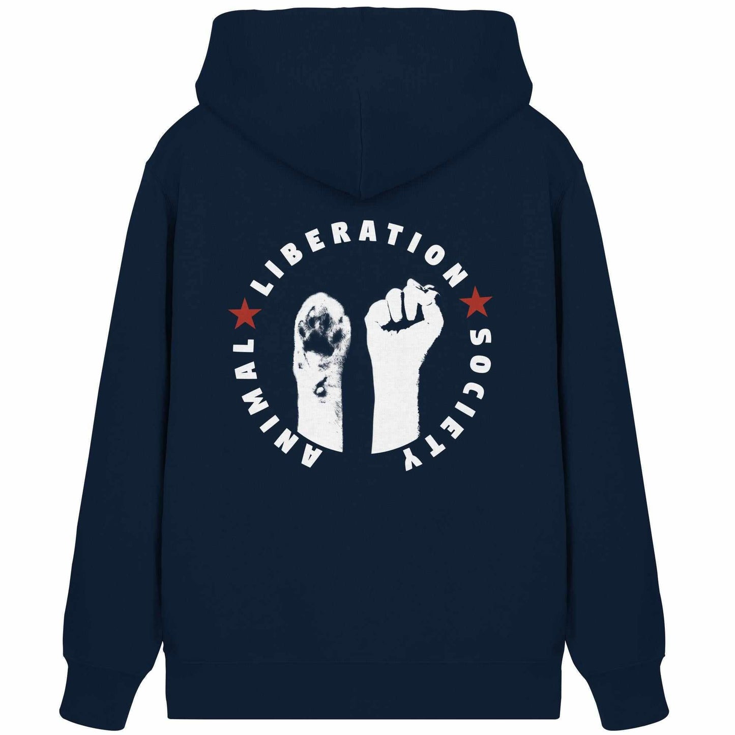 Vegan und Bio Zipper Hoodie mit weißen Händen und roten Sternen, symbolisiert Tierbefreiung. Aus Bio-Baumwolle und recyceltem Polyester. Kapuze, Kängurutasche, normaler Schnitt.
