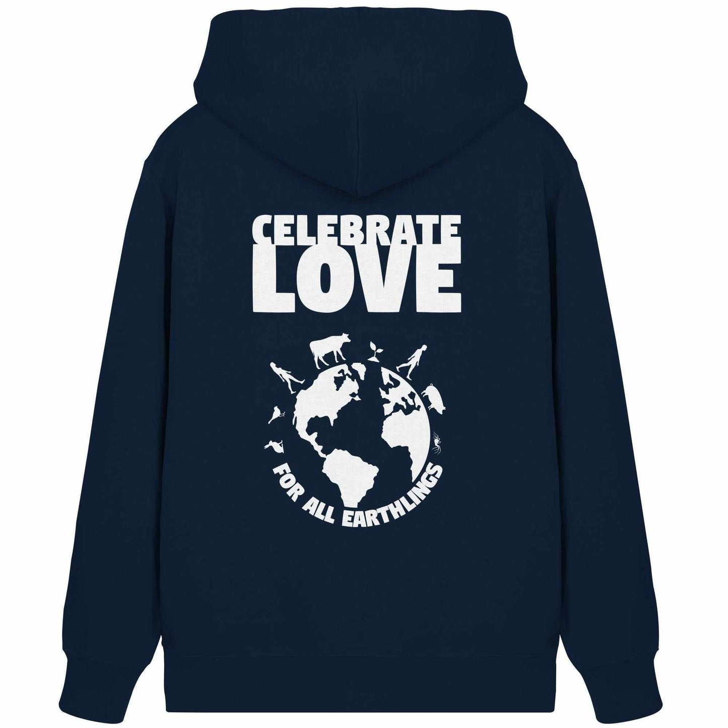 Vegan und Bio Zipper Hoodie: Celebrate Love For All Earthlings, zeigt weiße Silhouetten um einen Globus, symbolisiert Liebe und Gleichheit, mit Kängurutasche und Reißverschluss.