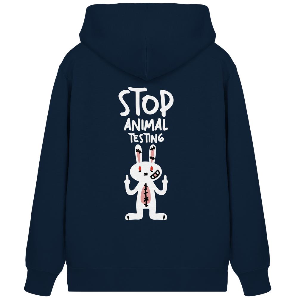 Reißverschluss-Hoodie in Dunkelblau mit Kapuze und „Stop Animal Testing“-Aufdruck mit Kaninchenmotiv