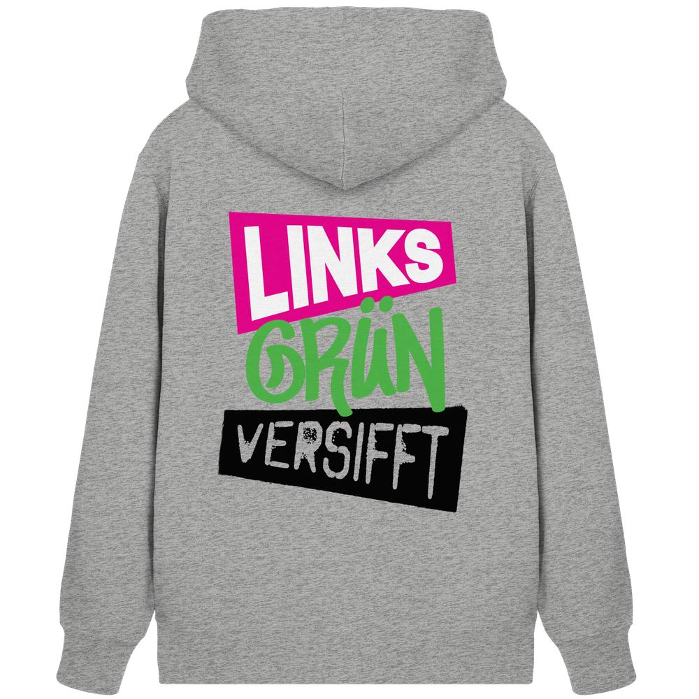 Vegan und Bio Zipper Hoodie: Wir sind Links Grün versifft! Grauer Hoodie mit Logo und Statement, Kapuze, Kängurutasche, aus Bio-Baumwolle und recyceltem Polyester.