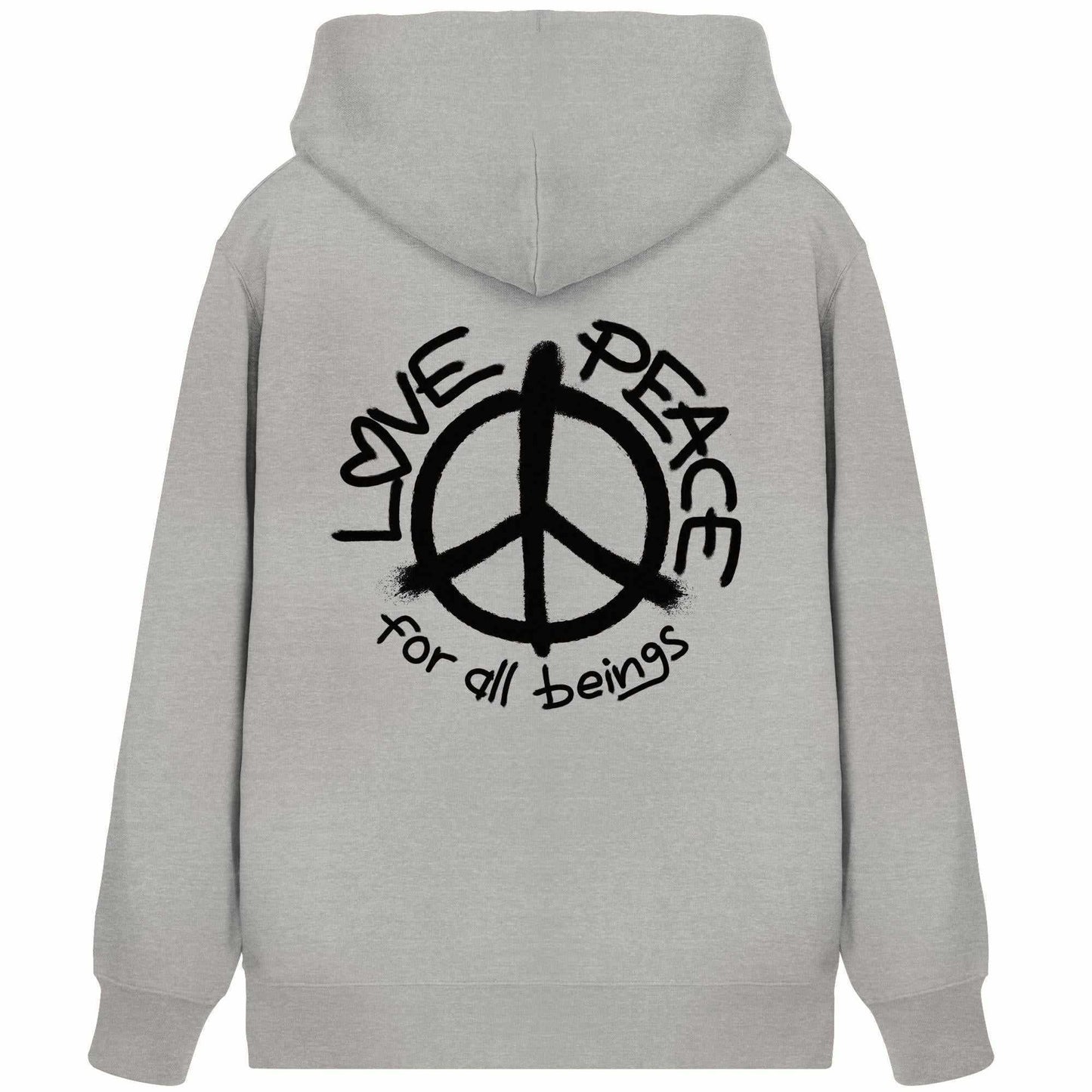 Vegan und Bio Zipper Hoodie mit Peace-Symbol, verkörpert friedliche Botschaft, aus Biobaumwolle und recyceltem Polyester, ideal für nachhaltige Mode.