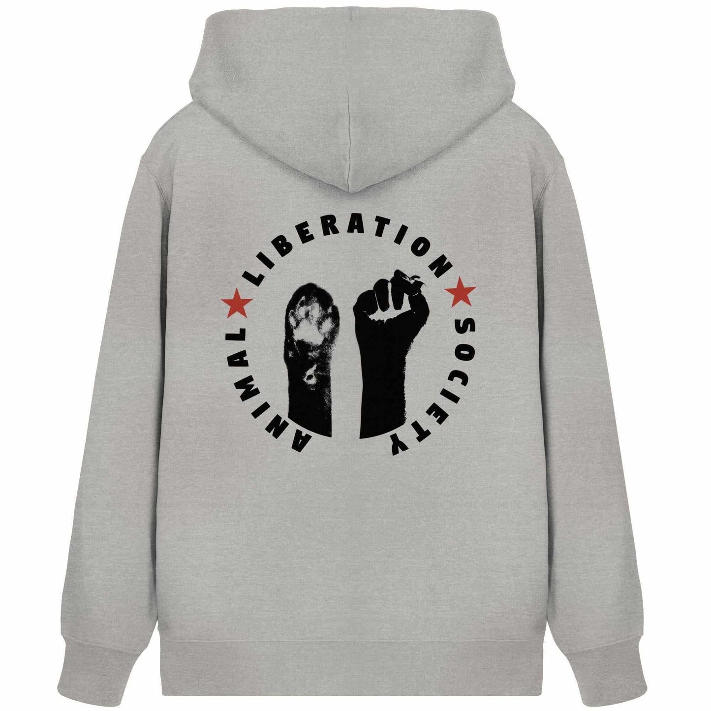 Vegan und Bio Zipper Hoodie mit grauem Design, zeigt Pfote und Faust für Tierrechte. Enthält Logo mit Tatze und Faust.