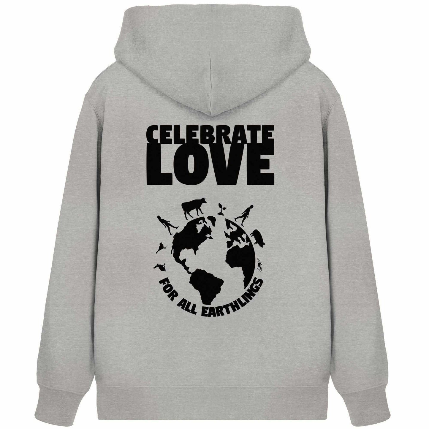 Vegan und Bio Zipper Hoodie mit Logo, das eine Botschaft der Liebe und Gleichheit verkörpert, mit Kängurutasche und verdecktem Reißverschluss.
