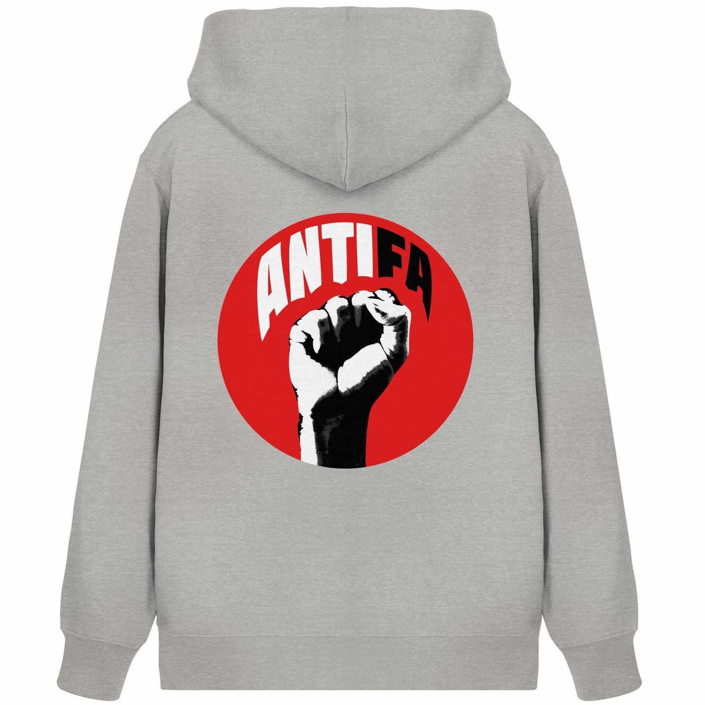 Vegan und Bio Zipper Hoodie mit kämpferischem Design, rotem Kreis und erhobener Faust als Statement gegen Rechts, aus Bio-Baumwolle.