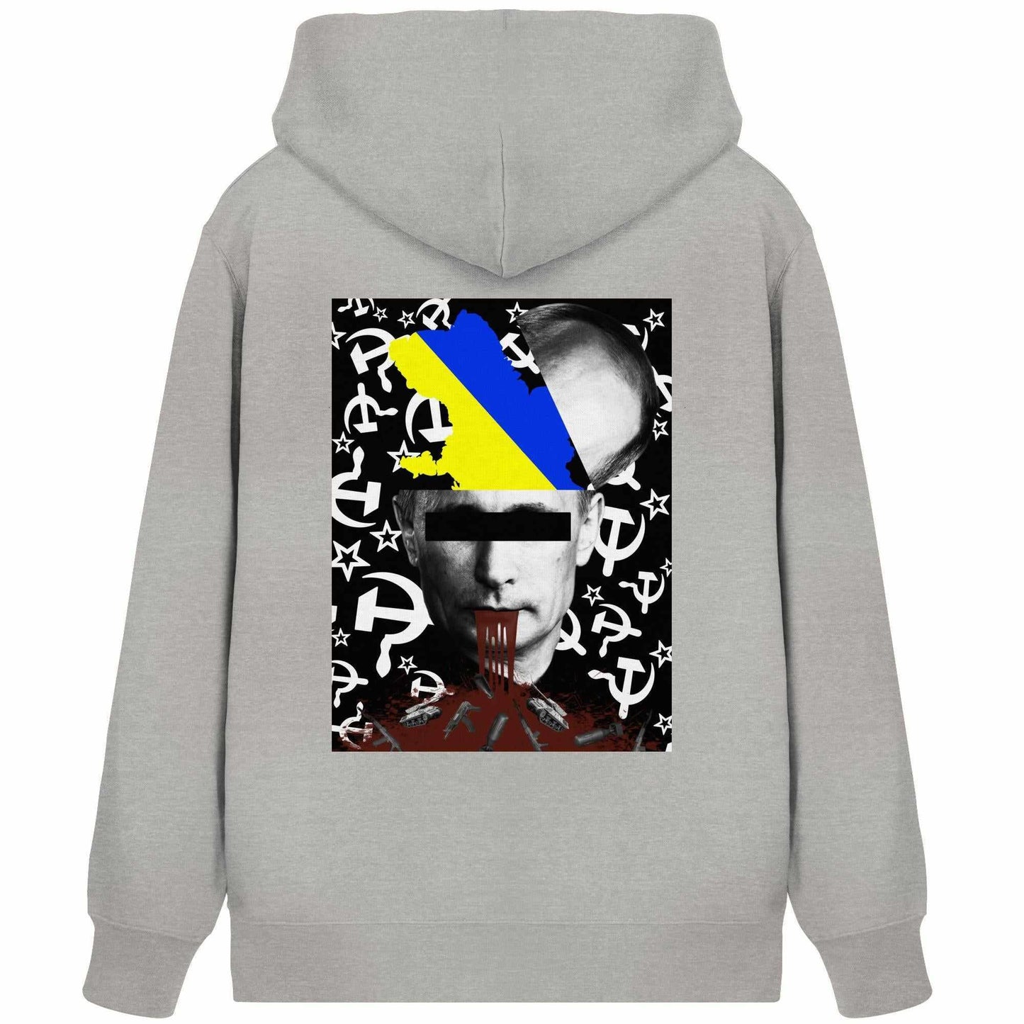 Vegan und Bio Zipper Hoodie: STOP WAR IN UKRAINE!, grauer Hoodie mit Bild eines Mannes, symbolisiert Widerstand gegen Kriege. Hergestellt aus Bio-Baumwolle und recyceltem Polyester.