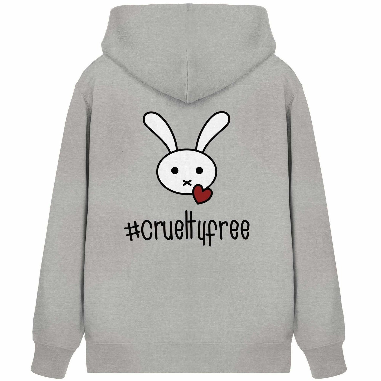 Vegan und Bio Zipper Hoodie: Crueltyfree Bunny BIG, grauer Hoodie mit Cartoon-Hase und Herz, 85% Bio-Baumwolle, 15% recyceltes Polyester, Kapuze und Kängurutasche.